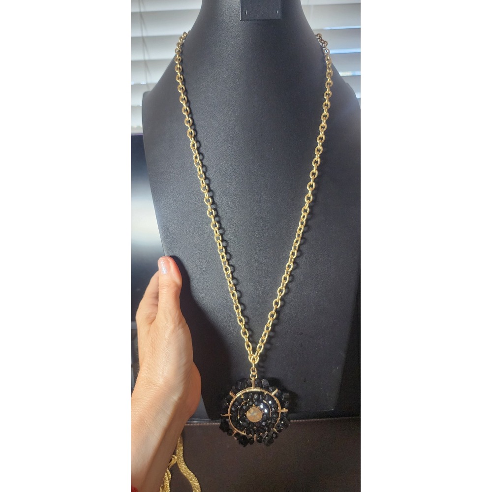 Gold Tone Black Beaded Statement Pendant Necklace Large Circular Medallion